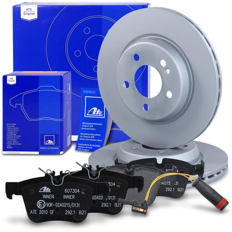 ATE Bremsenset Hinterachse inkl. Bremsscheiben hinten Ø 300 mm belüftet und Bremsbeläge hinten + Verschleißkontakt Kompatibel mit MERCEDES C-Klasse (205) von ATE