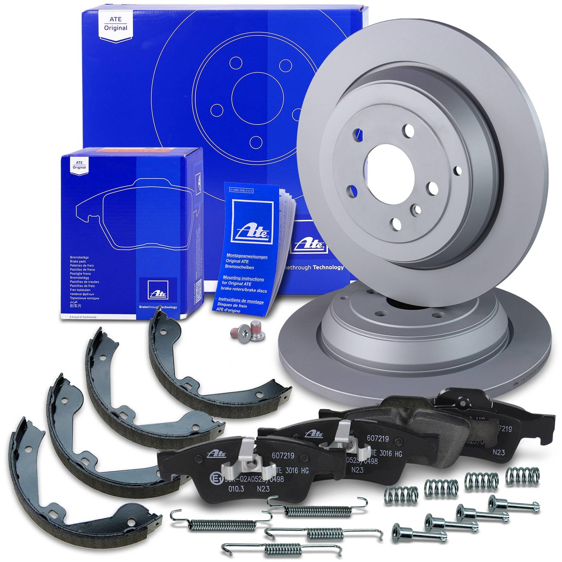 ATE Bremsenset Hinterachse inkl. Bremsscheiben hinten Ø 330 mm und Bremsbeläge hinten und Handbremsbacken Feststellbremse Kompatibel mit MERCEDES-BENZ M-Klasse (W164), R-Klasse (W251, V251) von ATE