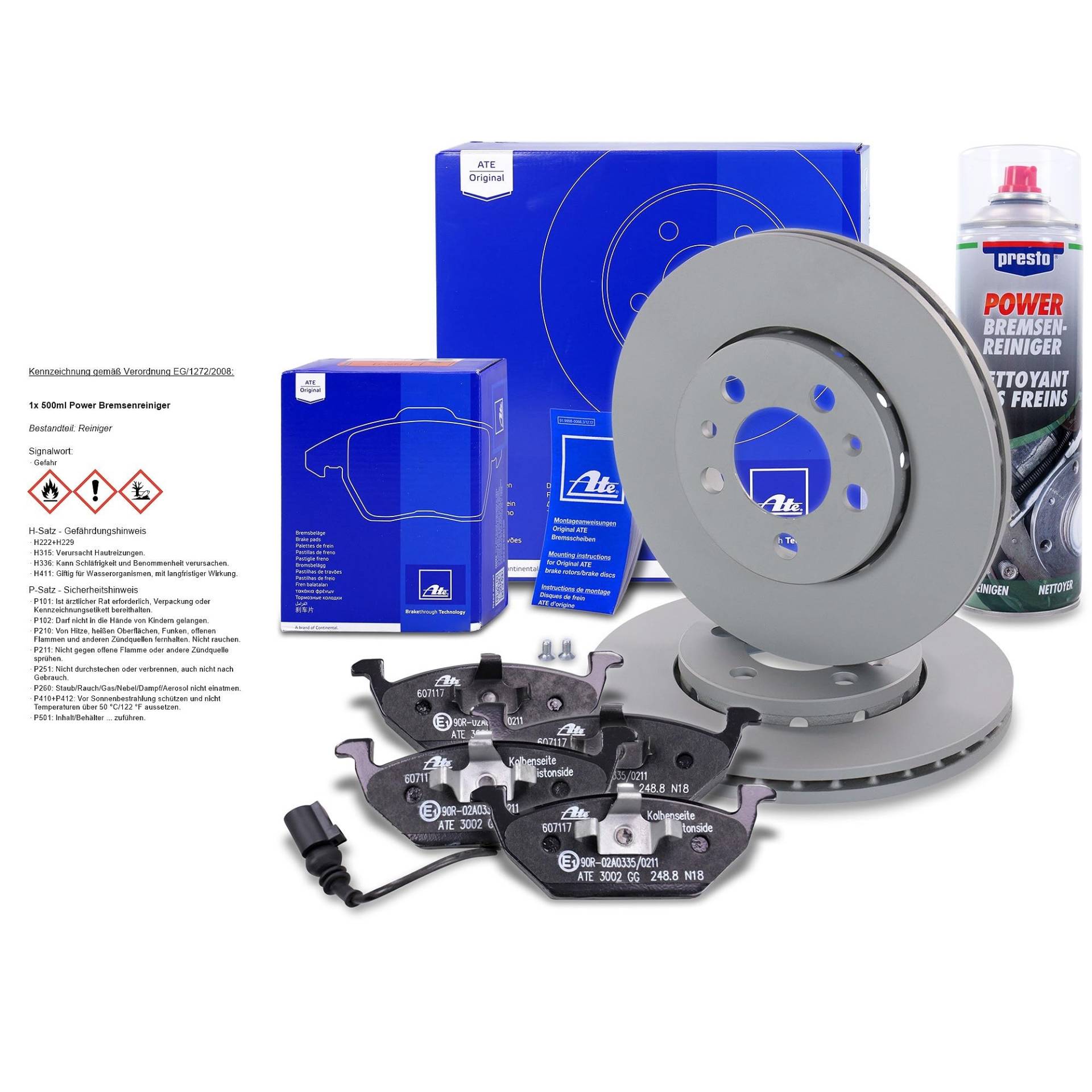 ATE Bremsenset Vorderachse inkl. Bremsscheiben vorne Ø 256 mm und Bremsbeläge vorne + Warnkontakt + Bremsenreiniger Kompatibel mit AUDI A2, A3, SKODA FABIA, OCTAVIA 1, ROOMSTER, VW BORA, GOLF 4, POLO ATE Bremsenset Vorderachse inkl. Bremsscheiben vorne Ø 256 mm und Bremsbeläge vorne + Warnkontakt + Bremsenreiniger Kompatibel mit AUDI A2, A3, SKODA FABIA, OCTAVIA 1, ROOMSTER, VW BORA, GOLF 4, POLO von ATE