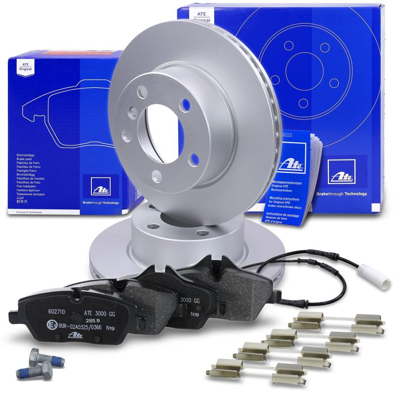 ATE Bremsenset Vorderachse inkl. Bremsscheiben vorne Ø 284 mm belüftet und Bremsbeläge vorne + Verschleißkontakt Kompatibel mit BMW 1er (E81), 1er (E87) von ATE