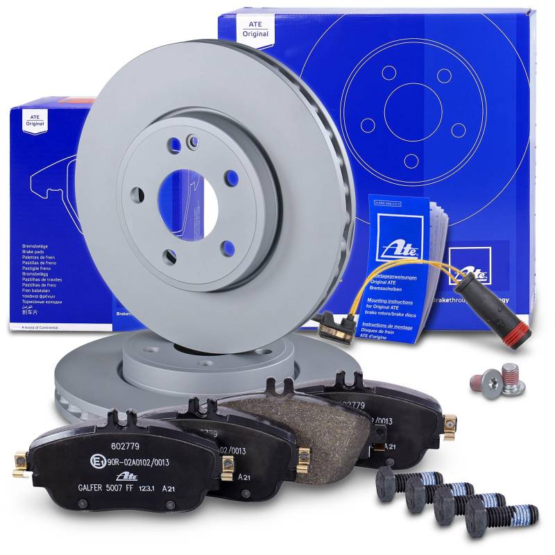 ATE Bremsenset Vorderachse inkl. Bremsscheiben vorne Ø 295 mm belüftet und Bremsbeläge vorne + Verschleißkontakt Kompatibel mit MERCEDES A-Klasse, B-Klasse, CLA, GLA-Klasse von ATE