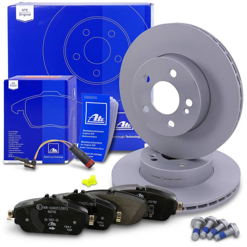 ATE Bremsenset Vorderachse inkl. Bremsscheiben vorne Ø 295 mm belüftet und Bremsbeläge vorne + Verschleißkontakt Kompatibel mit MERCEDES C-Klasse (205) von ATE