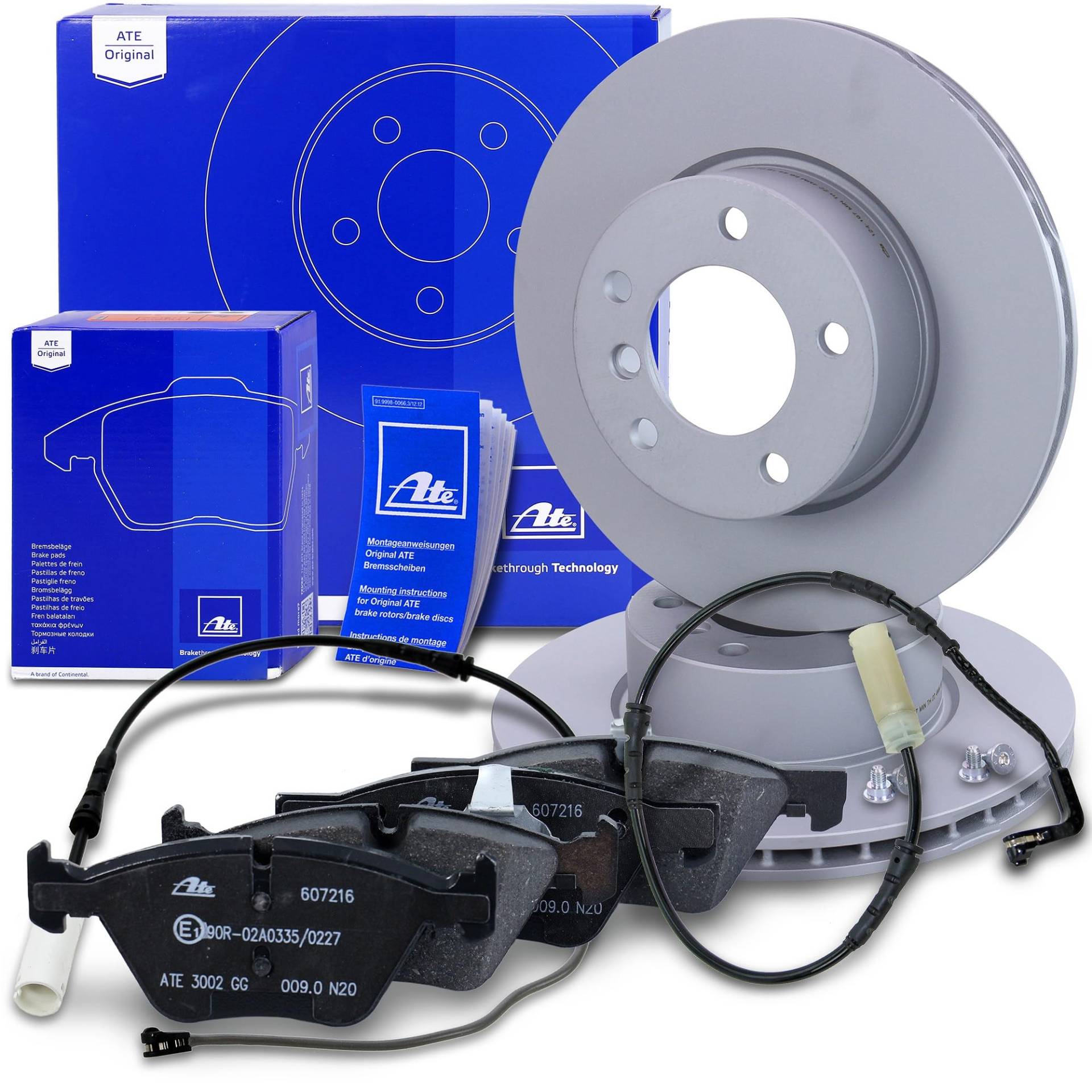 ATE Bremsenset Vorderachse inkl. Bremsscheiben vorne Ø 300 mm belüftet und Bremsbeläge vorne + Verschleißkontakt Kompatibel mit BMW 3er (E90), 3er Cabriolet (E93), 3er Coupe (E92), 3er Touring (E91) von ATE