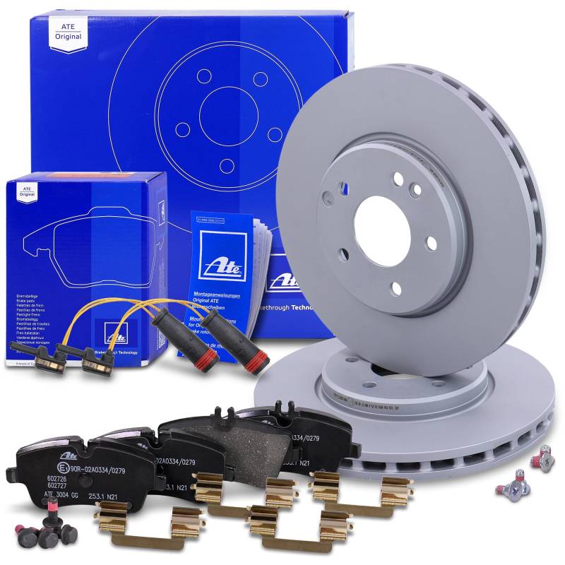 ATE Bremsenset Vorderachse inkl. Bremsscheiben vorne Ø 300 mm belüftet und Bremsbeläge vorne + Verschleißkontakt Kompatibel mit MERCEDES C-Klasse, CLC, CLK, SLK von ATE