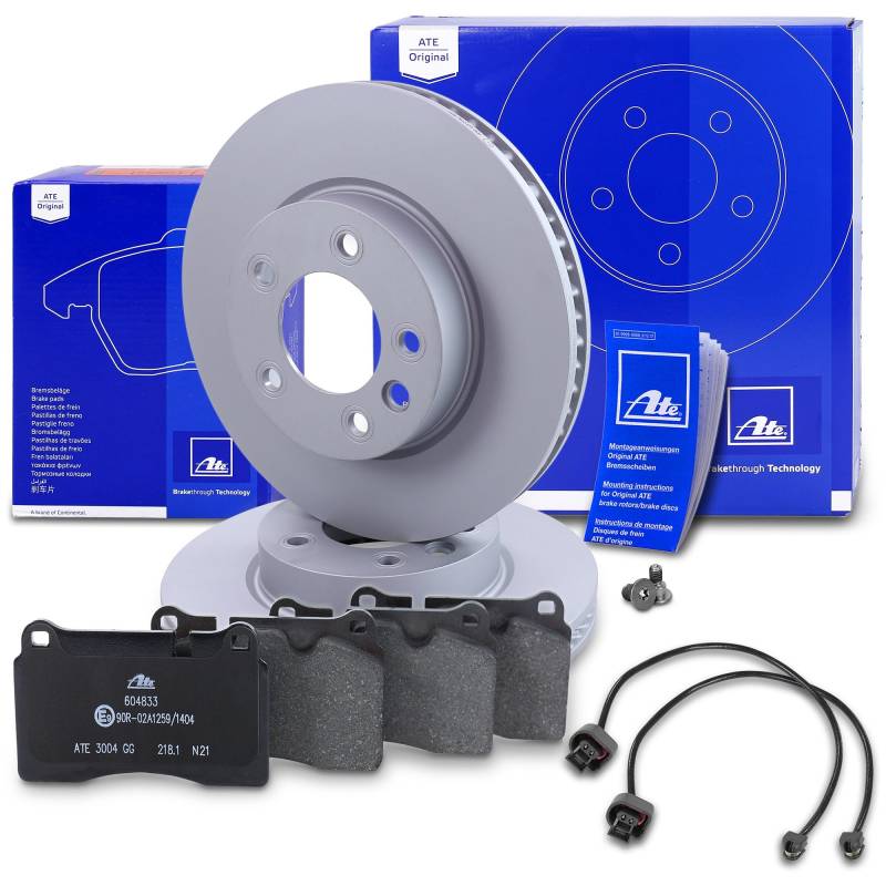 ATE Bremsenset Vorderachse inkl. Bremsscheiben vorne Ø 330 mm belüftet und Bremsbeläge vorne + Verschleißkontakt Kompatibel mit VW TOUAREG (7P5, 7P6), TOUAREG VAN (7P5) von ATE