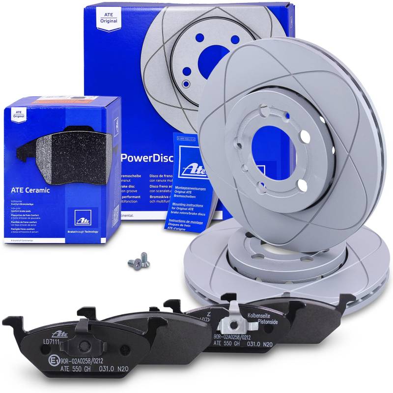 ATE Bremsenset Vorderachse inkl. PowerDisc Bremsscheiben Ø 256 mm belüftet und Ceramic Bremsbeläge vorne Kompatibel mit AUDI, SEAT, IBIZA, LEON, TOLEDO 2, SKODA, VW von ATE