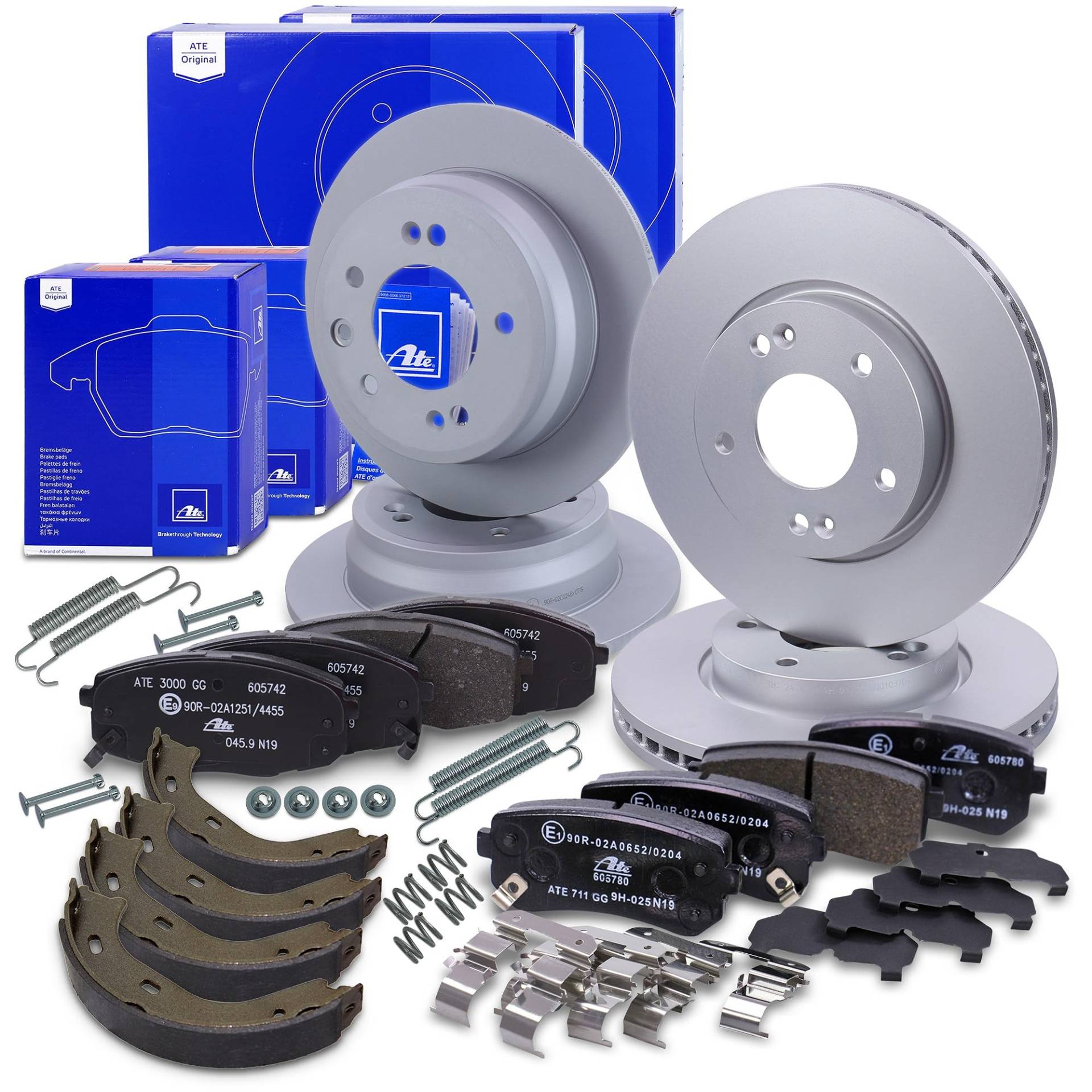 ATE Bremsenset inkl. Bremsscheiben vorne Ø 280 mm vorne belüftet + hinten Ø 262 mm voll und Bremsbeläge vorne + hinten und Handbremsbacken Feststellbremse + Montagezubehör Kompatibel mit HYUNDAI, KIA ATE Bremsenset inkl. Bremsscheiben vorne Ø 280 mm vorne belüftet + hinten Ø 262 mm voll und Bremsbeläge vorne + hinten und Handbremsbacken Feststellbremse + Montagezubehör Kompatibel mit HYUNDAI, KIA von ATE