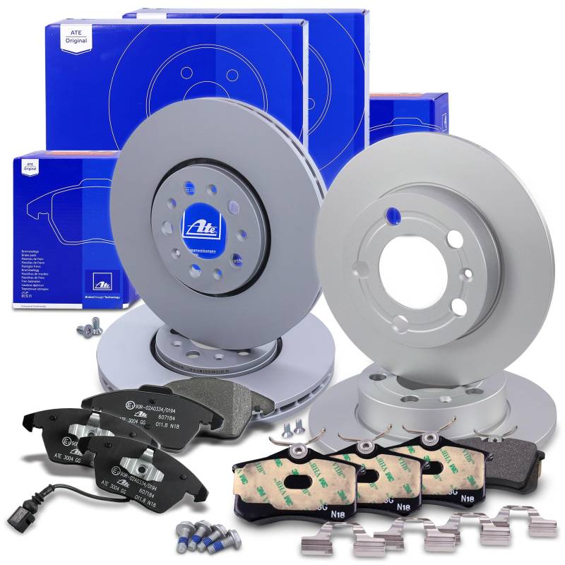 ATE Bremsenset inkl. Bremsscheiben vorne Ø 288 mm belüftet + hinten Ø 230 mm voll und Bremsbeläge vorne + hinten und Verschleißkontakt Kompatibel mit SEAT IBIZA 4, SKODA FABIA 2, ROOMSTER, VW POLO 5 von ATE