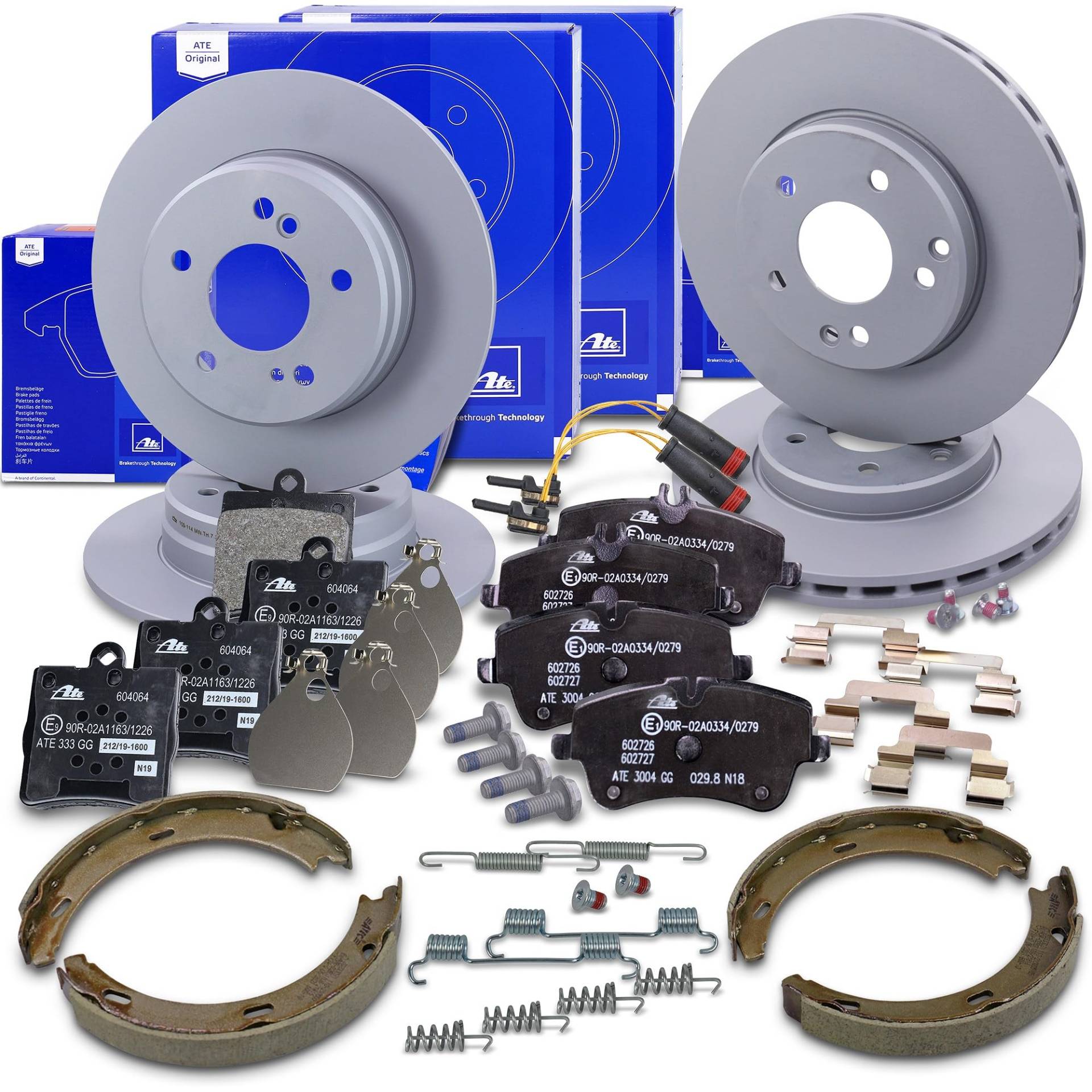 ATE Bremsenset inkl. Bremsscheiben vorne Ø 288 mm belüftet + hinten Ø 278 mm voll und Bremsbeläge vorne + hinten und Warnkontakt und Bremsbacken Kompatibel mit MERCEDES C-Klasse, CLC-Klasse, CLK, SLK ATE Bremsenset inkl. Bremsscheiben vorne Ø 288 mm belüftet + hinten Ø 278 mm voll und Bremsbeläge vorne + hinten und Warnkontakt und Bremsbacken Kompatibel mit MERCEDES C-Klasse, CLC-Klasse, CLK, SLK von ATE