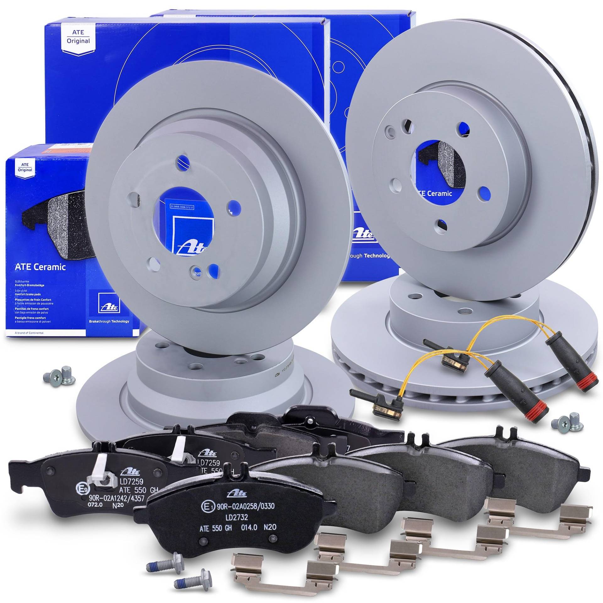 ATE Bremsenset inkl. Bremsscheiben vorne Ø 295 mm belüftet + hinten Ø 300 mm und Ceramic Bremsbeläge vorne + hinten und Verschleißkontakt Kompatibel mit MERCEDES E-Klasse (212) von ATE