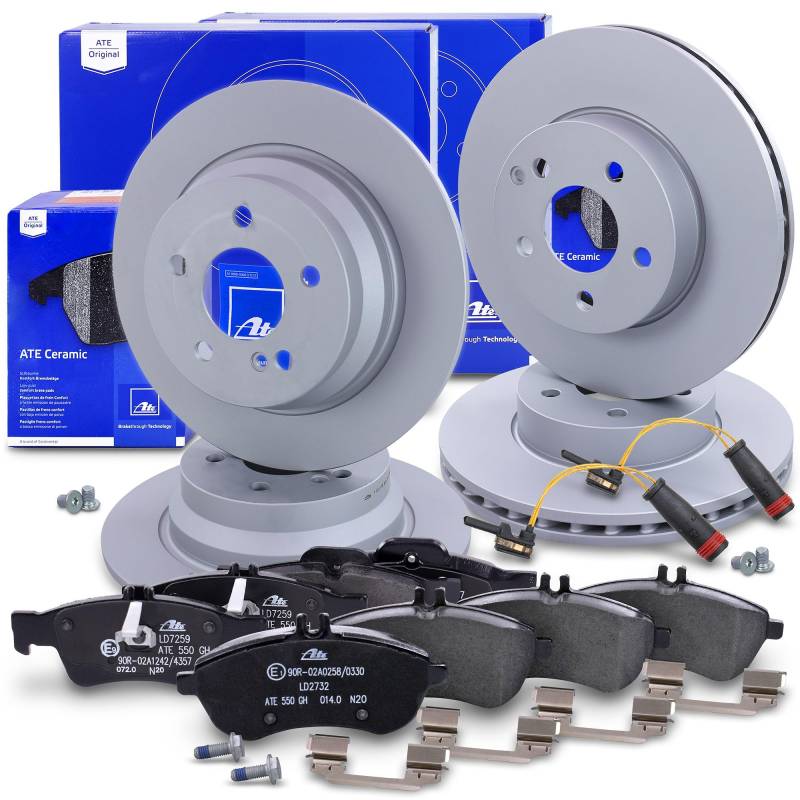 ATE Bremsenset inkl. Bremsscheiben vorne Ø 295 mm belüftet + hinten Ø 300 mm und Ceramic Bremsbeläge vorne + hinten und Verschleißkontakt Kompatibel mit MERCEDES E-Klasse (212) von ATE