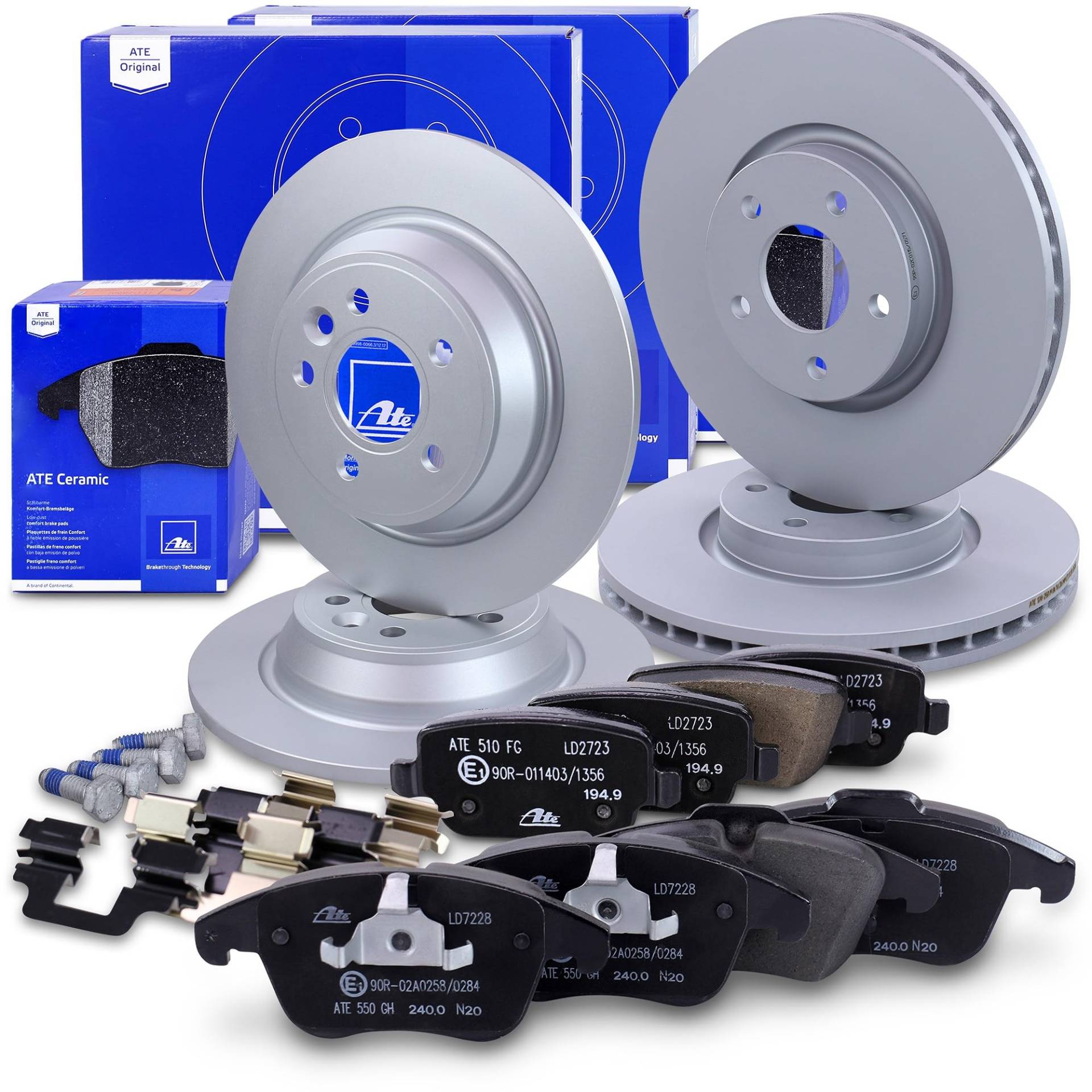 ATE Bremsenset inkl. Bremsscheiben vorne Ø 300 mm belüftet + hinten Ø 302 mm voll und Ceramic Bremsbeläge vorne + hinten Kompatibel mit FORD MONDEO Mk4 (BA7) von ATE