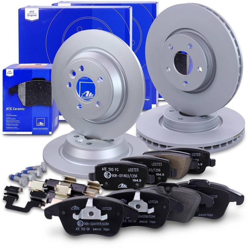 ATE Bremsenset inkl. Bremsscheiben vorne Ø 300 mm belüftet + hinten Ø 302 mm voll und Ceramic Bremsbeläge vorne + hinten Kompatibel mit FORD MONDEO Mk4 (BA7) von ATE
