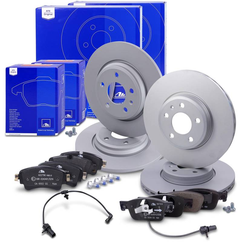 ATE Bremsenset inkl. Bremsscheiben vorne Ø 314 mm belüftet + hinten Ø 300 mm voll und Bremsbeläge vorne + hinten und Verschleißkontakt Kompatibel mit AUDI A4 B9, A5 von ATE