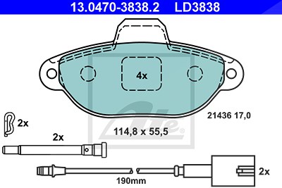 Ate CERAMIC Bremsbelagsatz mit Warnkontakt vorne [Hersteller-Nr. 13.0470-3838.2] für Fiat, Ford von ATE