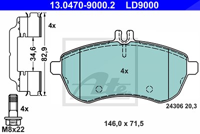 Ate CERAMIC Bremsbelagsatz vorne [Hersteller-Nr. 13.0470-9000.2] für Mercedes-Benz von ATE