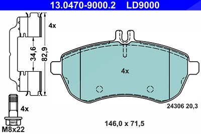 Ate CERAMIC Bremsbelagsatz vorne [Hersteller-Nr. 13.0470-9000.2] für Mercedes-Benz von ATE