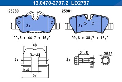 Ate CERAMIC Bremsbelagsatz hinten [Hersteller-Nr. 13.0470-2797.2] für Mini von ATE