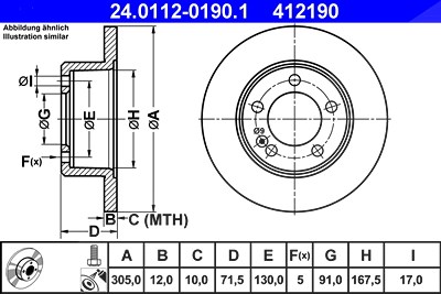 Ate Bremsscheibe Hinterachse Voll [Hersteller-Nr. 24.0112-0190.1] für Nissan, Opel, Renault von ATE