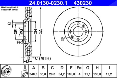 Ate 1x Bremsscheibe Vorderachse Belüftet [Hersteller-Nr. 24.0130-0230.1] für Citroën, Ds, Peugeot von ATE