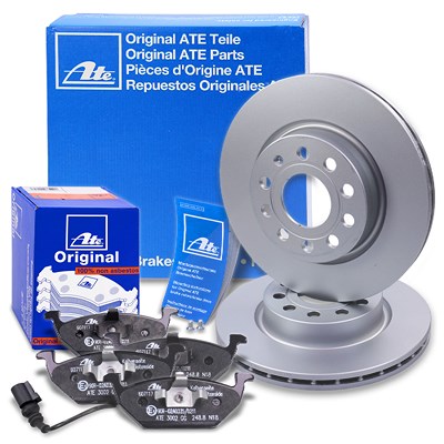 Ate Bremsscheiben +Bremsbeläge mit Warnkontakt vorne für Audi, Seat, Skoda, VW von ATE