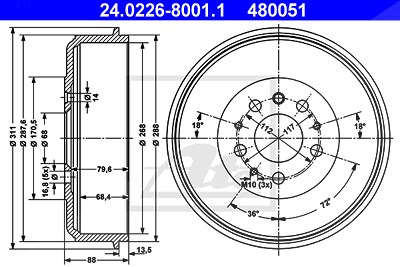 Ate Bremstrommel [Hersteller-Nr. 24.0226-8001.1] für VW von ATE