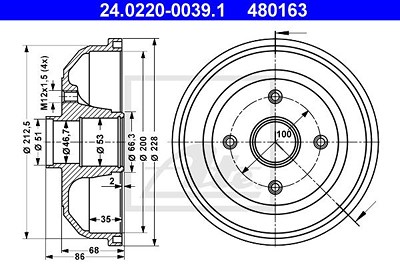 Ate Bremstrommel Hinterachse ohne Radlager [Hersteller-Nr. 24.0220-0039.1] für Opel von ATE