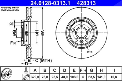 Ate 1x Bremsscheibe [Hersteller-Nr. 24.0128-0313.1] für Volvo von ATE