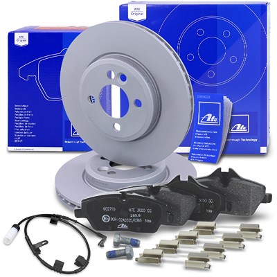 Ate Bremsscheiben +Bremsbeläge +Warnkontakt vorne für Mini Ate Bremsscheiben +Bremsbeläge +Warnkontakt vorne für Mini von ATE