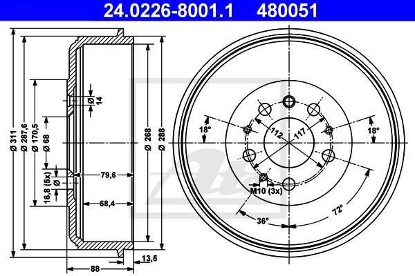 Bremstrommel Hinterachse ATE 24.0226-8001.1 von ATE