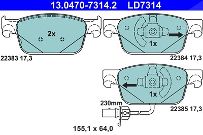 Ate CERAMIC Bremsbelagsatz mit Warnkontakt vorne [Hersteller-Nr. 13.0470-7314.2] für Audi von ATE