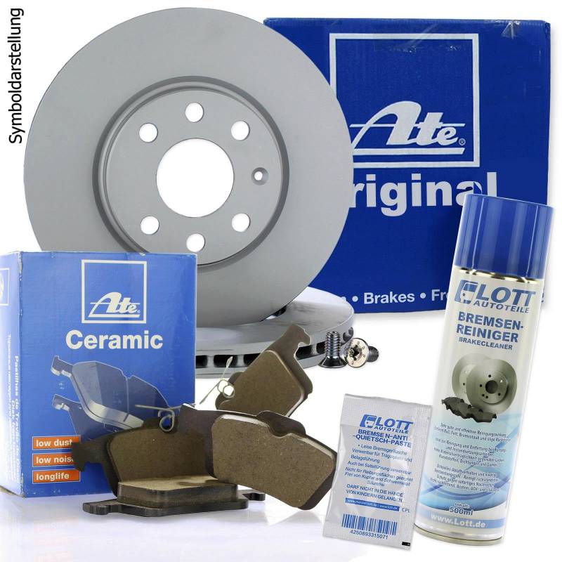 Original ATE Bremsscheiben vorne + ATE Ceramic Bremsbeläge Keramik Bremsklötze Bremsenset Bremsenkit Komplettset Vorderachse + Bremsenreiniger von ATE