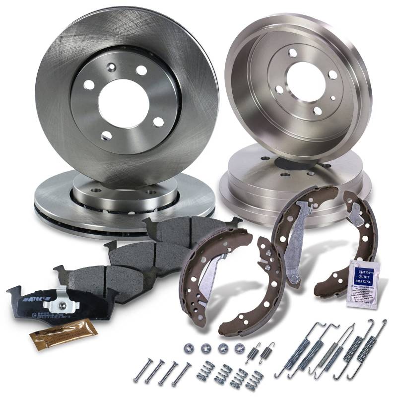 BESTPRICE Bremsenset inkl. Bremsscheiben vorne Ø 239 mm Belüftet + Bremstrommel hinten Ø 200 mm + Bremsbeläge vorne und Bremsbacken hinten von ENVA MADE FOR QUALITY