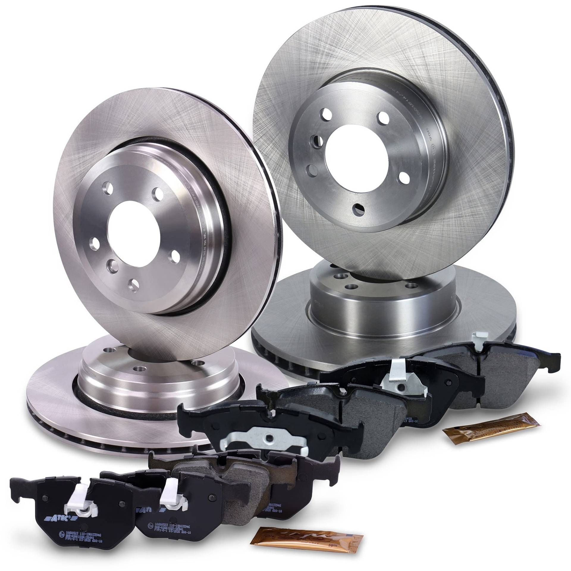 Bremsenset inkl. Bremsscheiben Vorne Ø 324 mm + Hinten Ø 320 mm + Bremsbeläge Vorne und Hinten, Passend für BMW 5er (E60), 5 Touring (E61), 6 (E63), 6 Cabrio (E64) von ATEC Germany