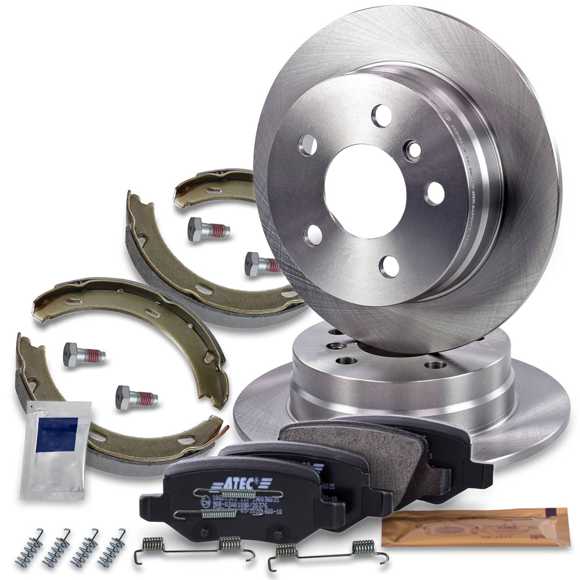 ATEC Germany Bremsenset Hinterachse inkl. Bremsscheiben Ø 258 mm Voll + Bremsbeläge Hinten + Bremsbacken Kompatibel mit MERCEDES-BENZ A-Klasse (W169), B-Klasse Sports Tourer (W245) von ATEC Germany