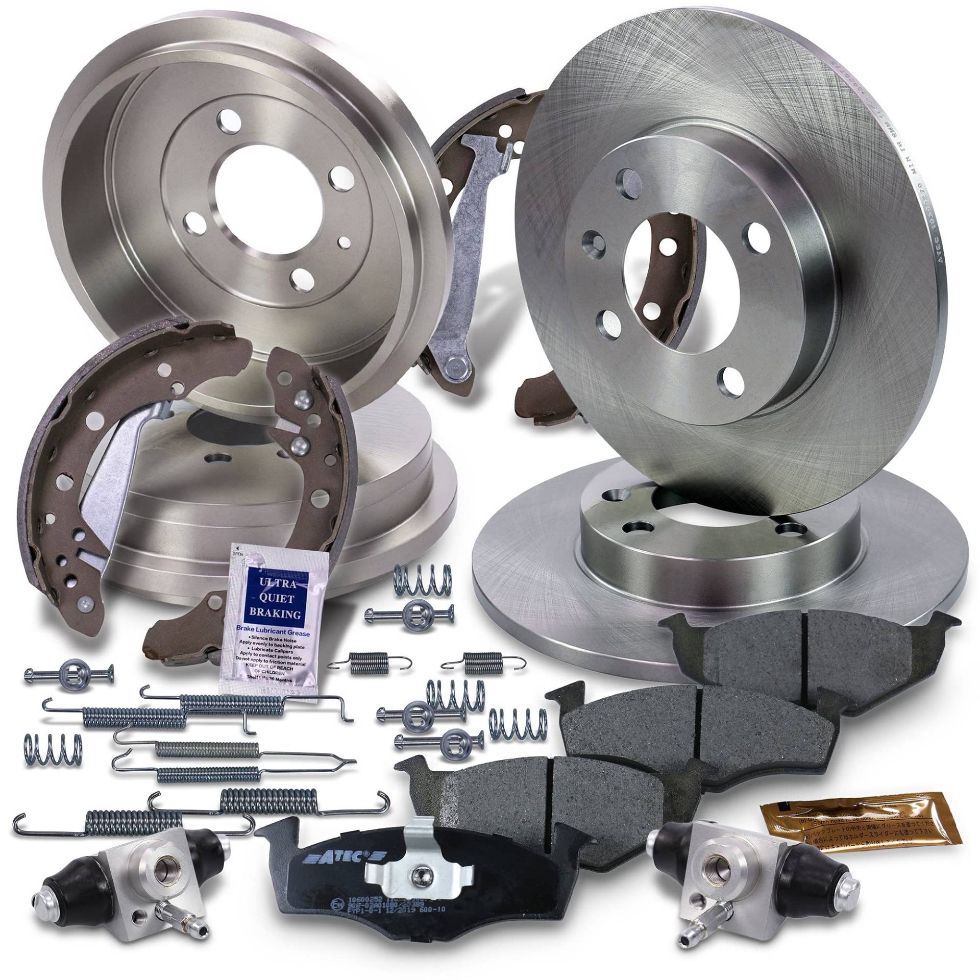 ATEC Germany Bremsenset Vorderachse inkl. Bremsscheiben Ø 239 mm Belüftet + Bremsbeläge Vorne + Bremsbacken Hinten + Bremstrommel Hinten Kompatibel mit SEAT AROSA (6H1), VW POLO III (6N1) von ATEC Germany