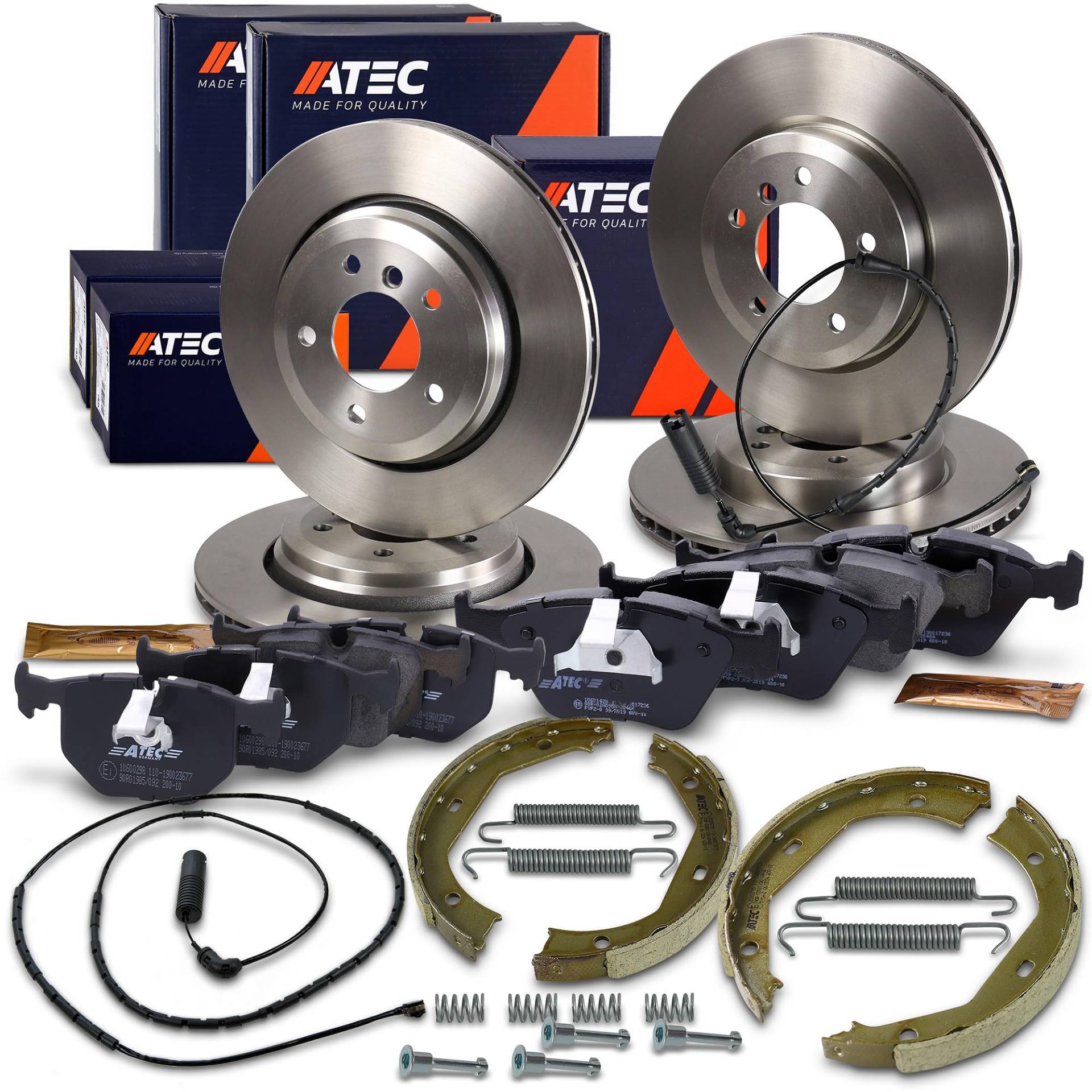 ATEC Germany Bremsenset inkl. Bremsscheiben Vorne Ø 325 mm Belüftet + Hinten Ø 320 mm Belüftet + Bremsbeläge Vorne & Hinten + Bremsbacken Hinten Kompatibel mit BMW 3er (E46) von ATEC Germany