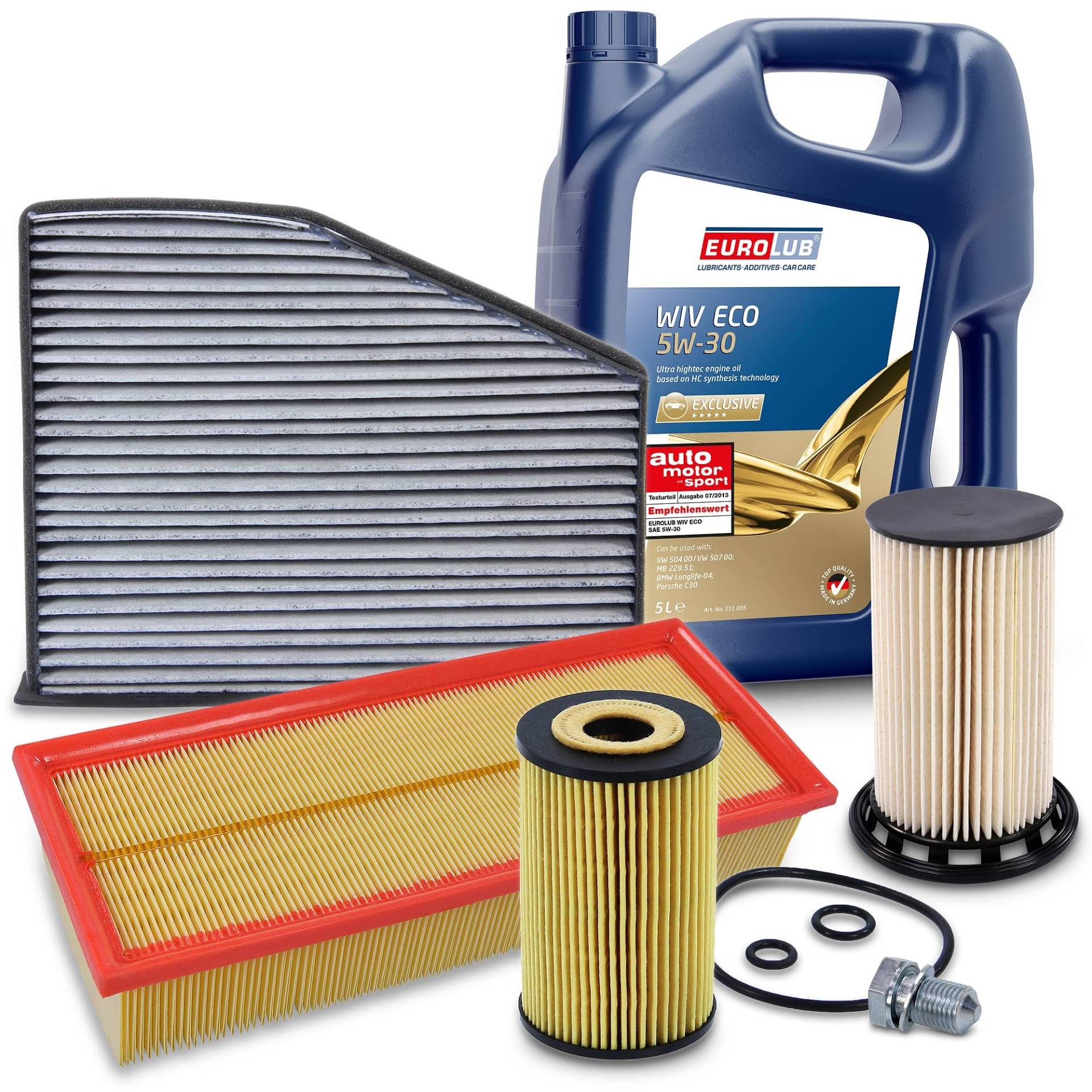 ATEC Germany Inspektionspaket Filterset Wartungsset mit 1x Ölfilter, 1x Kraftstofffilter, 1x Luftfilter, 1x Innenraumfilter (Aktivkohle), 5l Motoröl 5W-30 von ATEC Germany