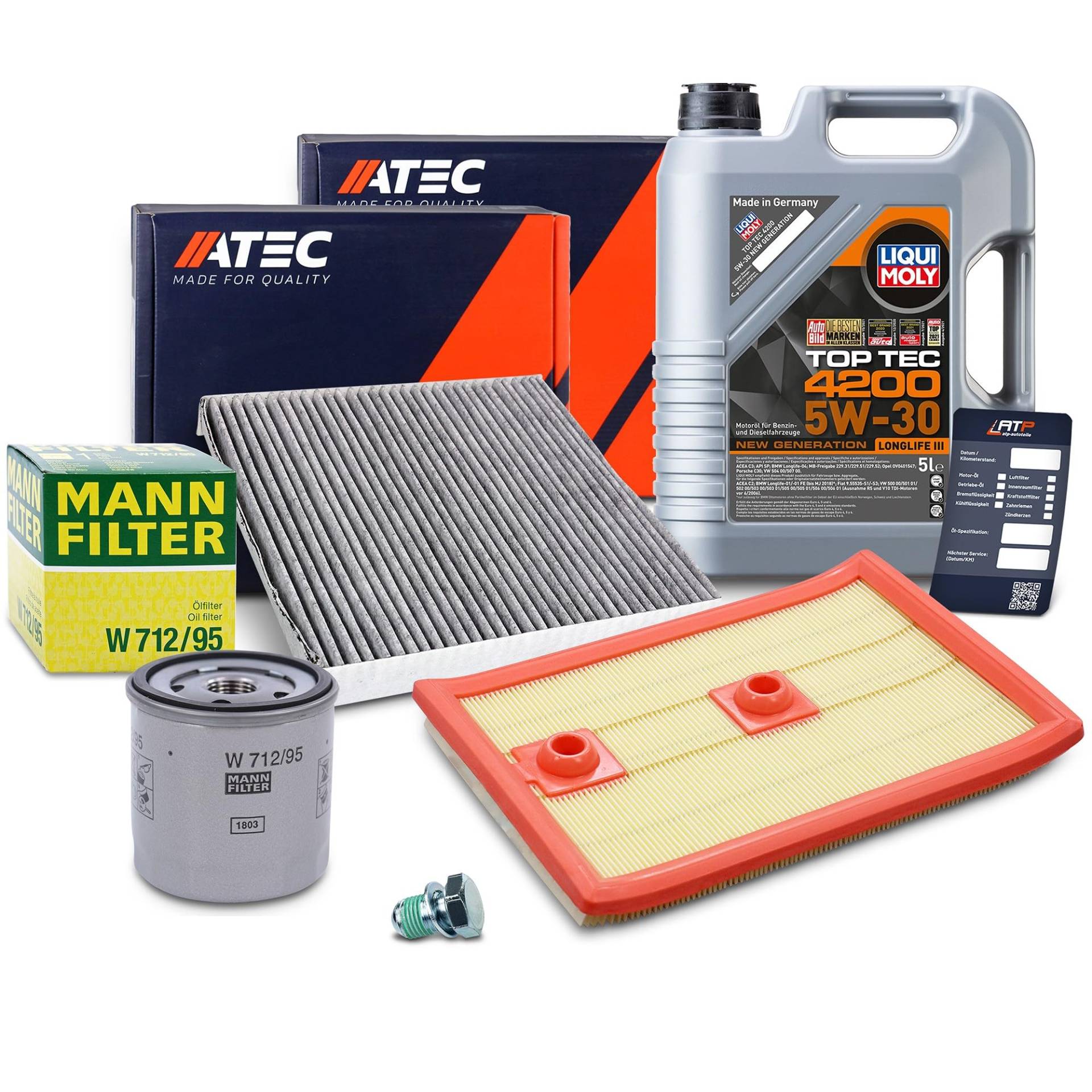 ATEC Germany Inspektionspaket Filterset mit 1x MANN-FILTER Ölfilter; 1x Luftfilter; 1x Innenraumfilter; 1x Ölablassschraube mit Dichtring; 5l Motoröl 5W-30 Top Tec 4200; 1x ÖlwechselAnhänger ATEC Germany Inspektionspaket Filterset mit 1x MANN-FILTER Ölfilter; 1x Luftfilter; 1x Innenraumfilter; 1x Ölablassschraube mit Dichtring; 5l Motoröl 5W-30 Top Tec 4200; 1x ÖlwechselAnhänger von ATEC Germany