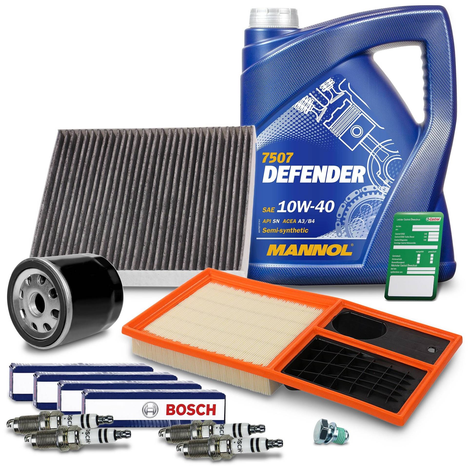 ATEC Germany Inspektionspaket Filterset mit 1x Ölfilter; 1x Innenraumfilter; 1x Luftfilter; 4x Zündkerzen FR7HC+; 5l Motoröl 10W-40 MANNOL DEFEBDER; 1x Ölablassschraube; 1x Ölwechselanhänger ATEC Germany Inspektionspaket Filterset mit 1x Ölfilter; 1x Innenraumfilter; 1x Luftfilter; 4x Zündkerzen FR7HC+; 5l Motoröl 10W-40 MANNOL DEFEBDER; 1x Ölablassschraube; 1x Ölwechselanhänger von ATEC Germany