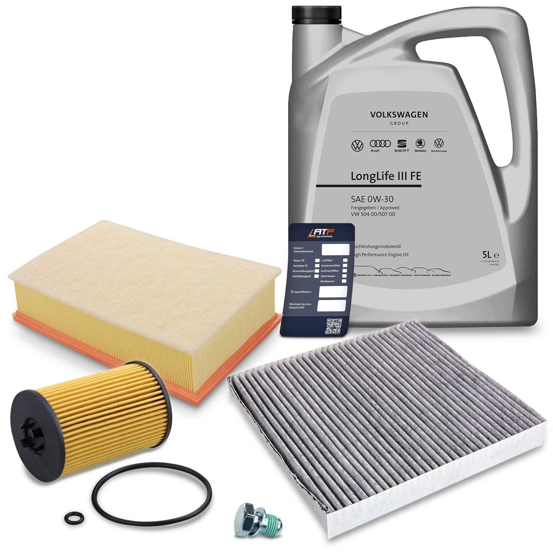 ATEC Germany Inspektionspaket Filterset mit 1x Ölfilter; 1x Innenraumfilter (Ativkohlefilter); 1x Luftfilter; 1x Ölablassschraube; 1x Ölwechselanhänger; 5l Motoröl VAG 0W-30 LongLife III FE Group von ATEC Germany