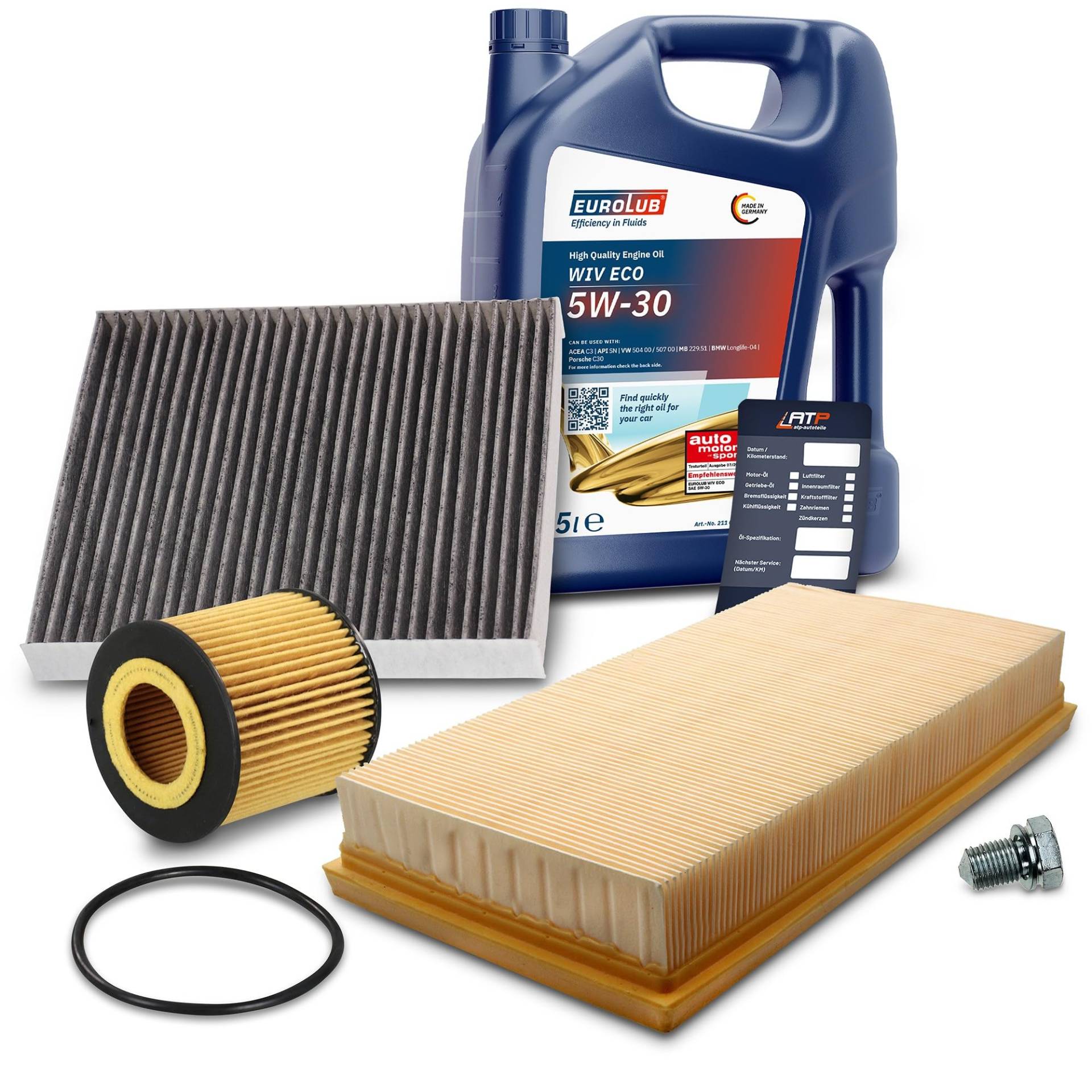 ATEC Germany Inspektionspaket Filterset mit 1x Ölfilter; 1x Luftfilter; 1x Innenraumfilter (Aktivkohle); 1x Ölablassschraube mit Dichtring; 1x Motoröl 5W-30 EUROLUB WIV ECO SAE 5 l von ATEC Germany