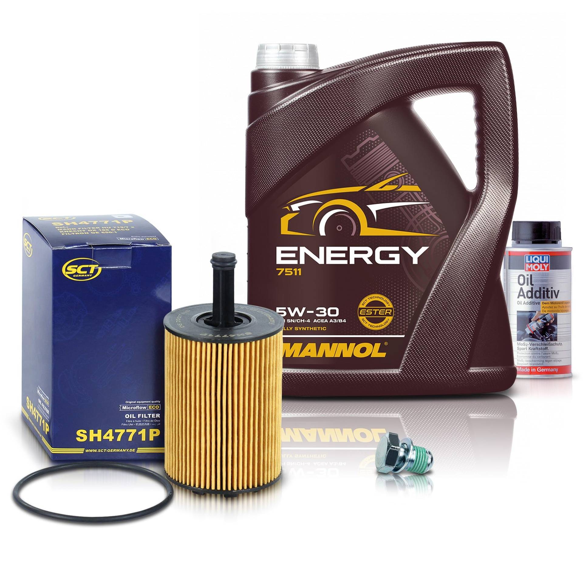 ATEC Germany Inspektionspaket Filterset mit 1x SCT-Ölfilter; 5l Motoröl 5W-30 MANNOL ENERGY; 1x LIQUI MOLY Oil Additiv; 1x Ölablassschraube mit Dichtring von ATEC Germany