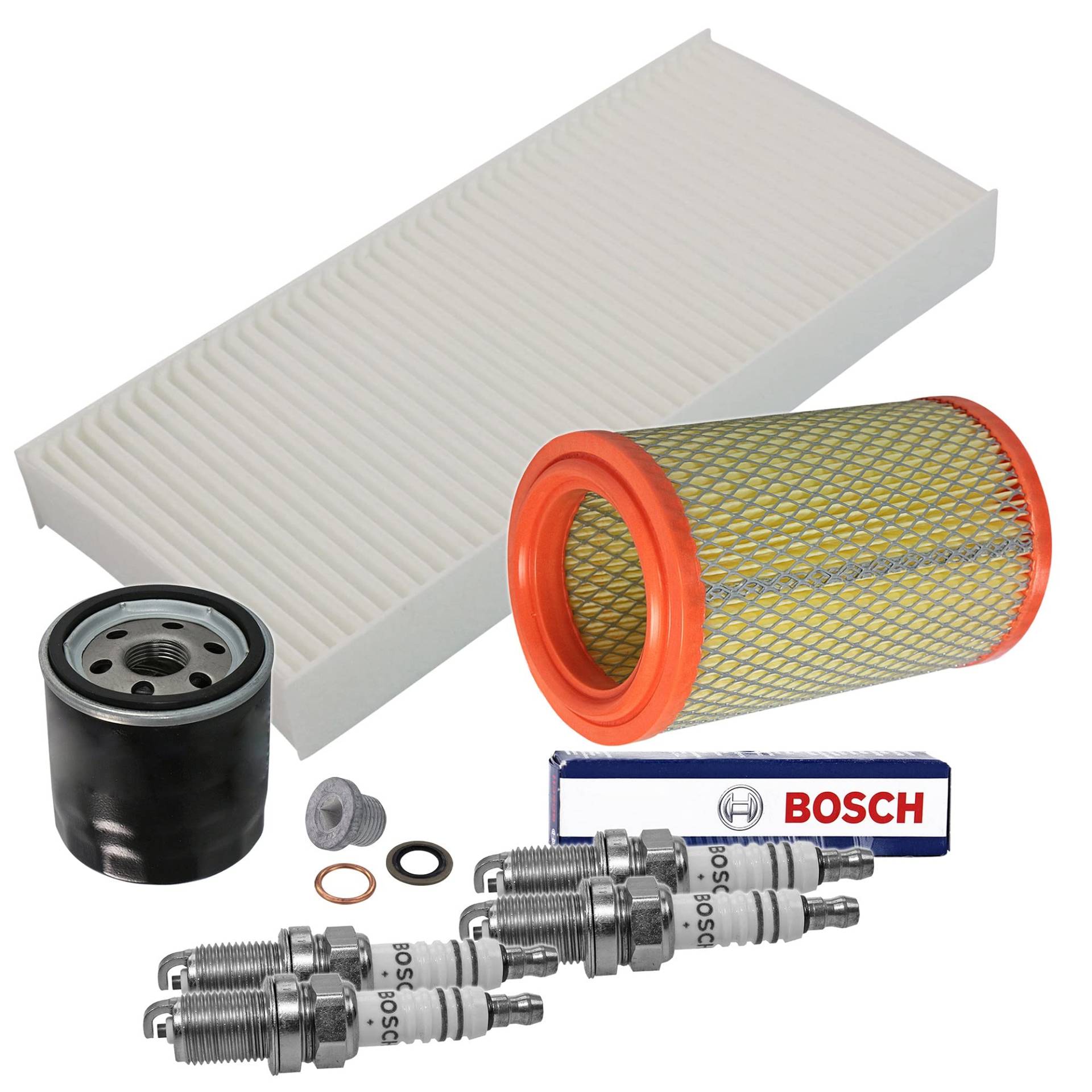Inspektionspaket SET C 1x Ölfilter 1x Luftfilter 1x Innenraumfilter 1x Ölablass-Schraube 1x Dichtring für Ölablass-Schraube 4x Zündkerze BOSCH Super Plus FR7DC+ von ENVA MADE FOR QUALITY