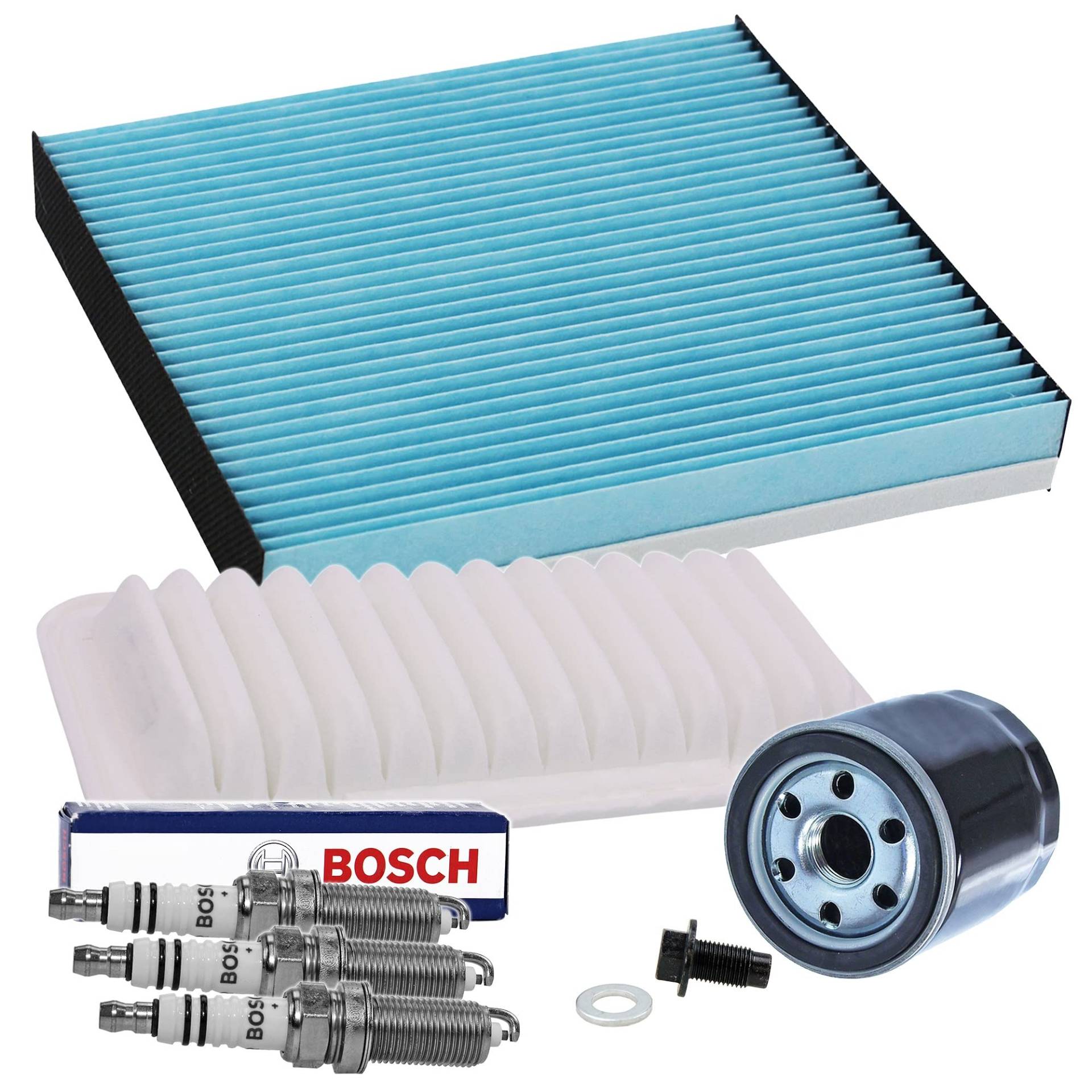 Inspektionspaket SET C 1x Ölfilter 1x Luftfilter 1x Innenraumfilter 3x Zündkerze BOSCH Super plus FR8SC+ 1x Ölablass-Schraube 1x Dichtring für Ölablass-Schraube von ENVA MADE FOR QUALITY