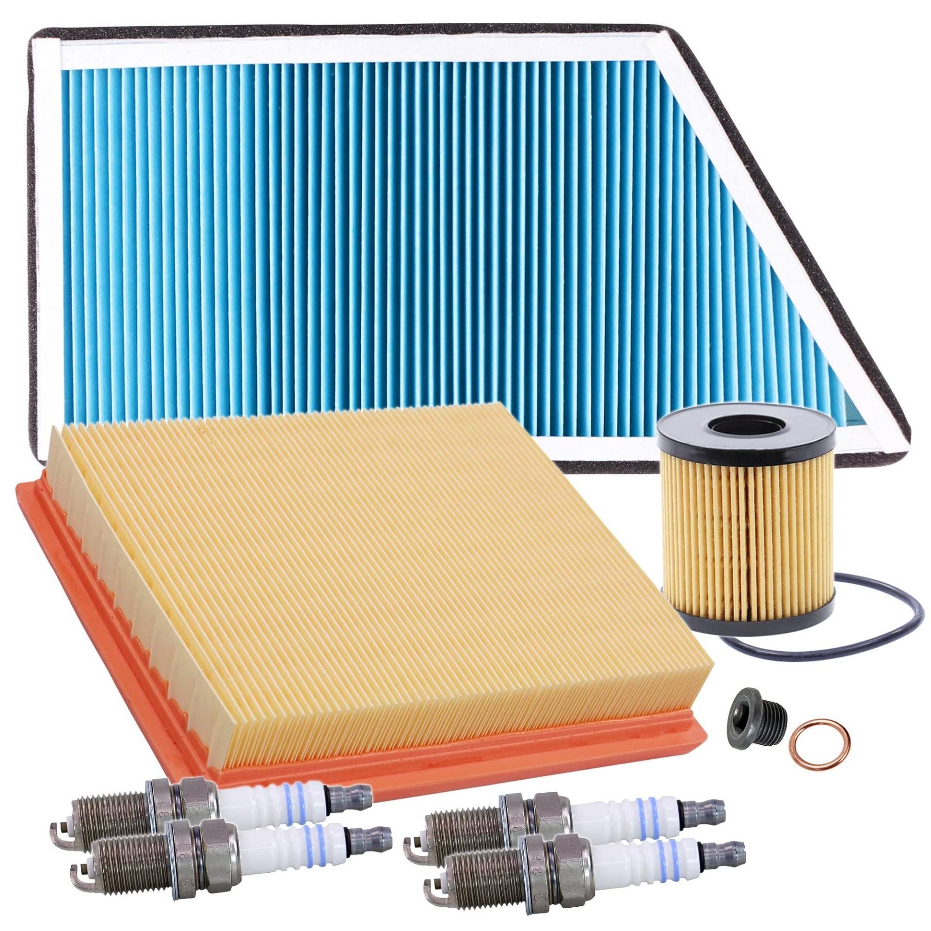 Inspektionspaket SET C1x Ölfilter 1x Luftfilter 1x Innenraumfilter 4x Zündkerze 1x Ölablass-Schraube 1x Dichtring für Ölablass-schraube von ENVA MADE FOR QUALITY