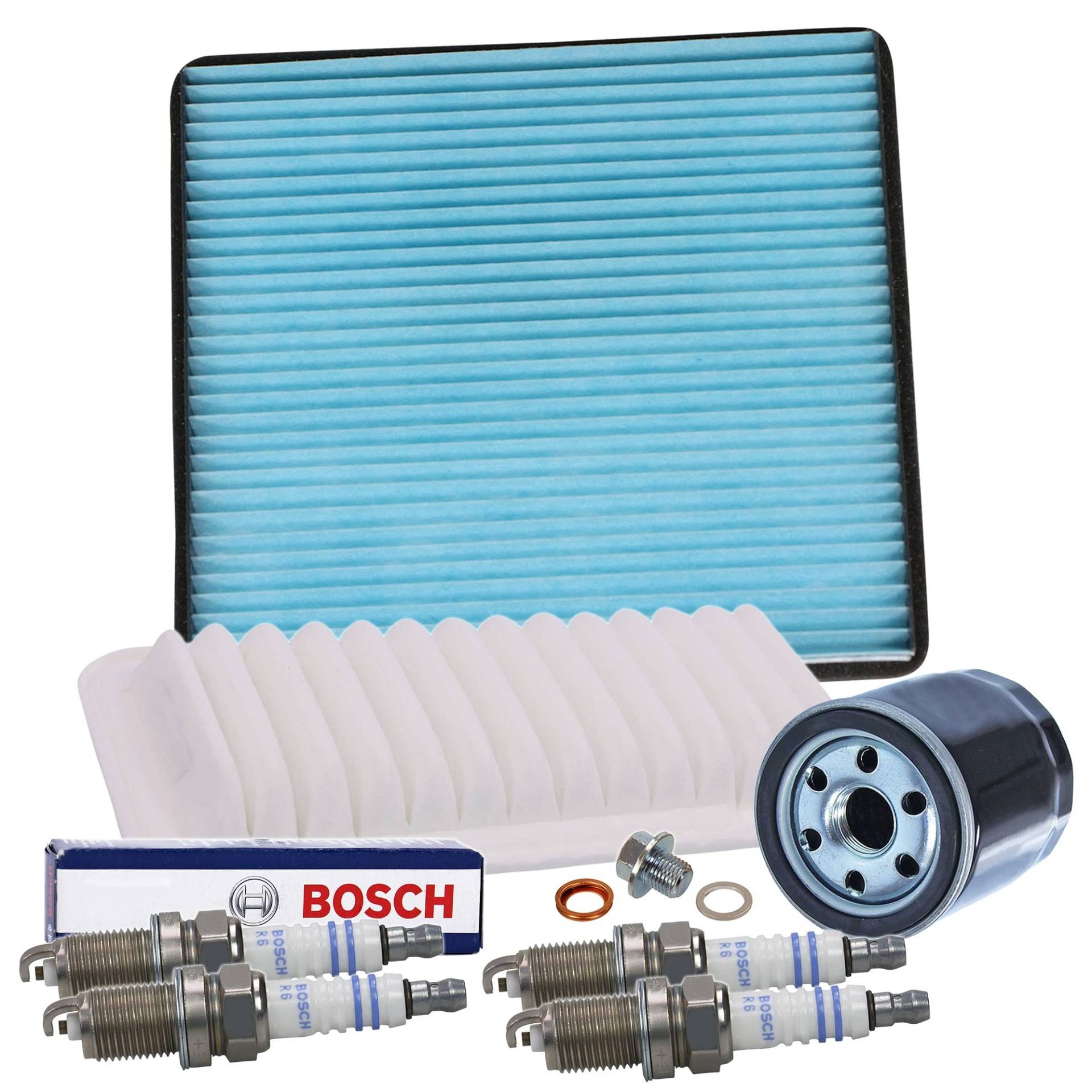 Inspektionspaket SET C 1x Ölfilter 1x Luftfilter 1x Innenraumfilter 4x Zündkerze Original BOSCH Super Plus FR7KCX+ 1x Ölablass-Schraube 1x Dichtring für Ölablass-Schraube von ENVA MADE FOR QUALITY