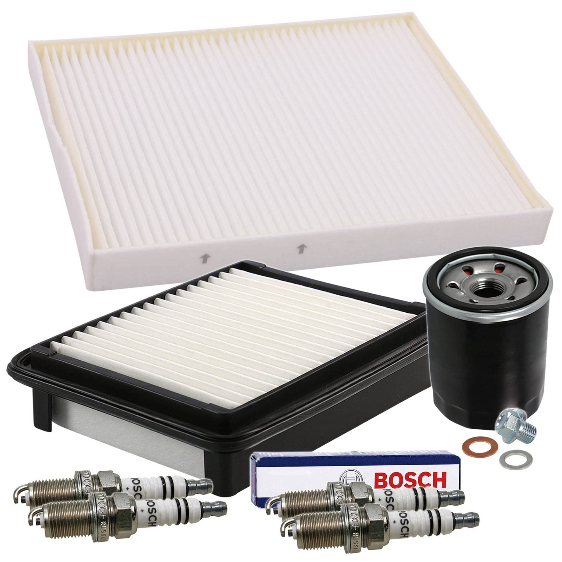 Inspektionspaket SET C 1x Ölfilter 1x Luftfilter 1x Innenraumfilter 4x Zündkerze BOSCH Super plus FR7DCX+ 1x Ölablass-Schraube 1x Dichtring für Ölablass-Schraube Inspektionspaket SET C 1x Ölfilter 1x Luftfilter 1x Innenraumfilter 4x Zündkerze BOSCH Super plus FR7DCX+ 1x Ölablass-Schraube 1x Dichtring für Ölablass-Schraube von ENVA MADE FOR QUALITY