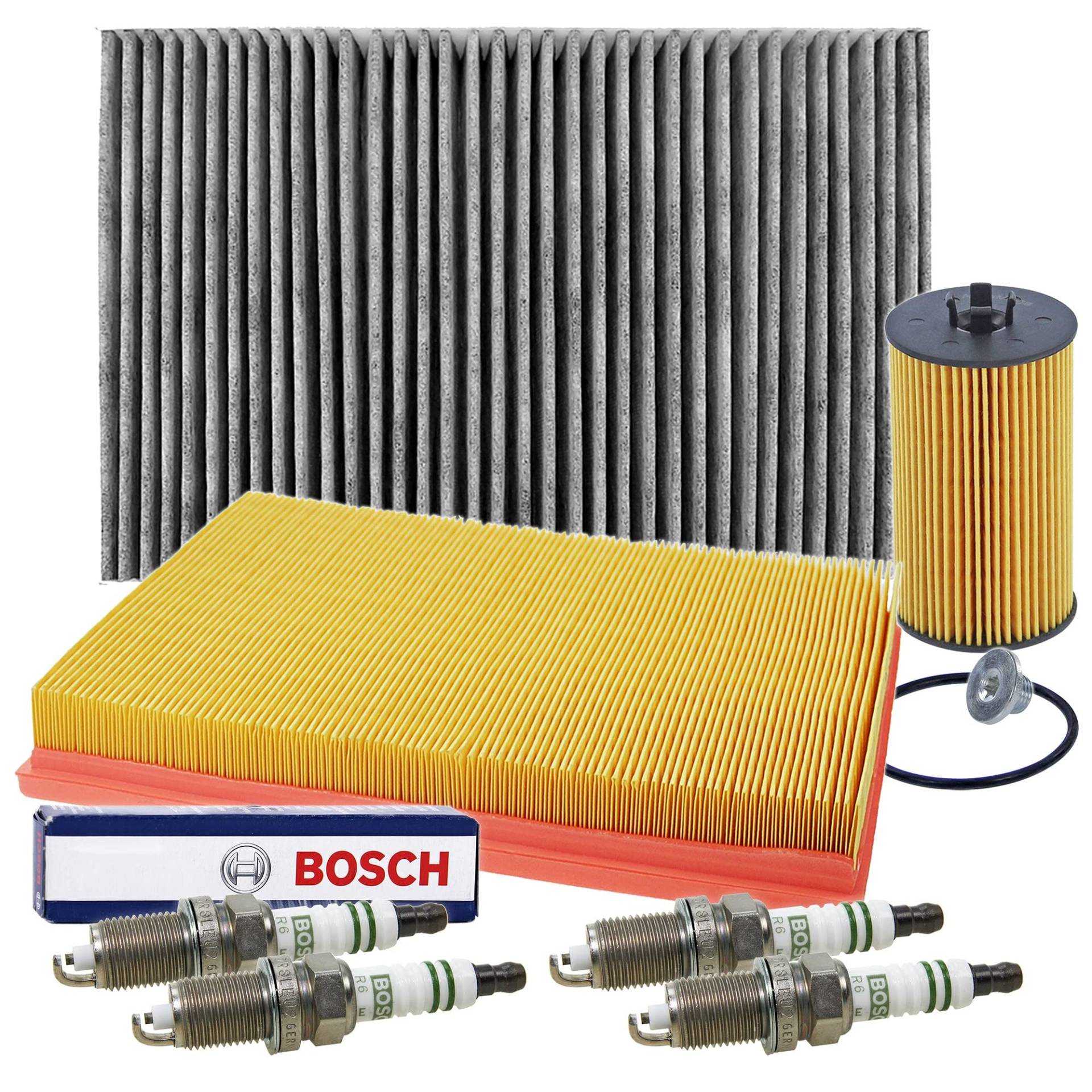 BESTPRICE Inspektionspaket Filterset mit 1x Luftfilter, 1x Innenraumfilter (Pollenfilter) mit Aktivkohle, 4x Zündkerze FQR8LEU2, Kompatibel mit OPEL ASTRA G (T98) (F35), ASTRA H (A04), ASTRA J GTC, von ATEC Germany