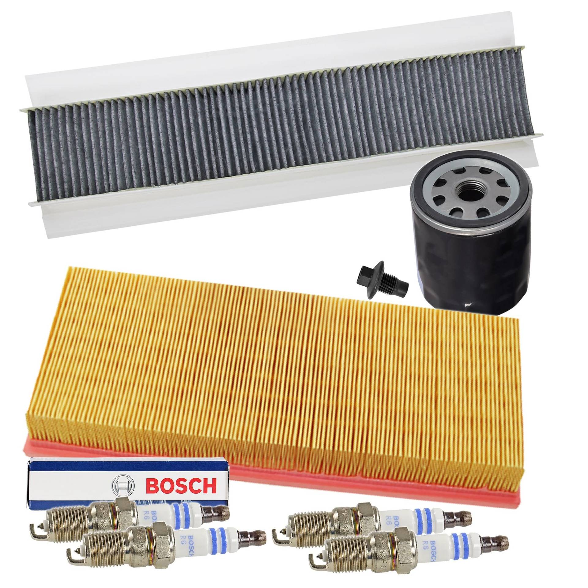 BESTPRICE Inspektionspaket Filterset mit 1x Luftfilter, 1x Innenraumfilter (Pollenfilter) mit Aktivkohle, 4x Zündkerze Super plus HR7KPP33+, Kompatibel mit FORD MONDEO 3 Mk3 (B5Y) (B4)(BWY) von BESTPRICE